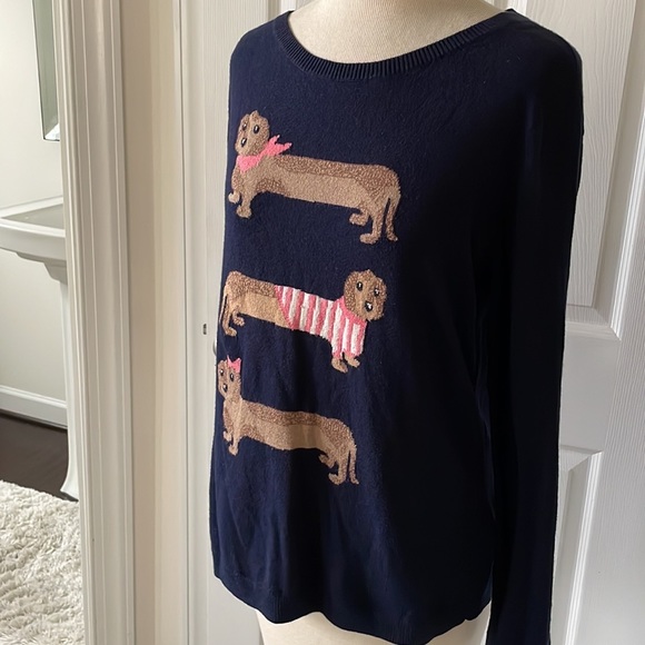 Talbots 3 Dachshunds doggies lightweight navy cotton sweater top LP - Picture 2 of 9